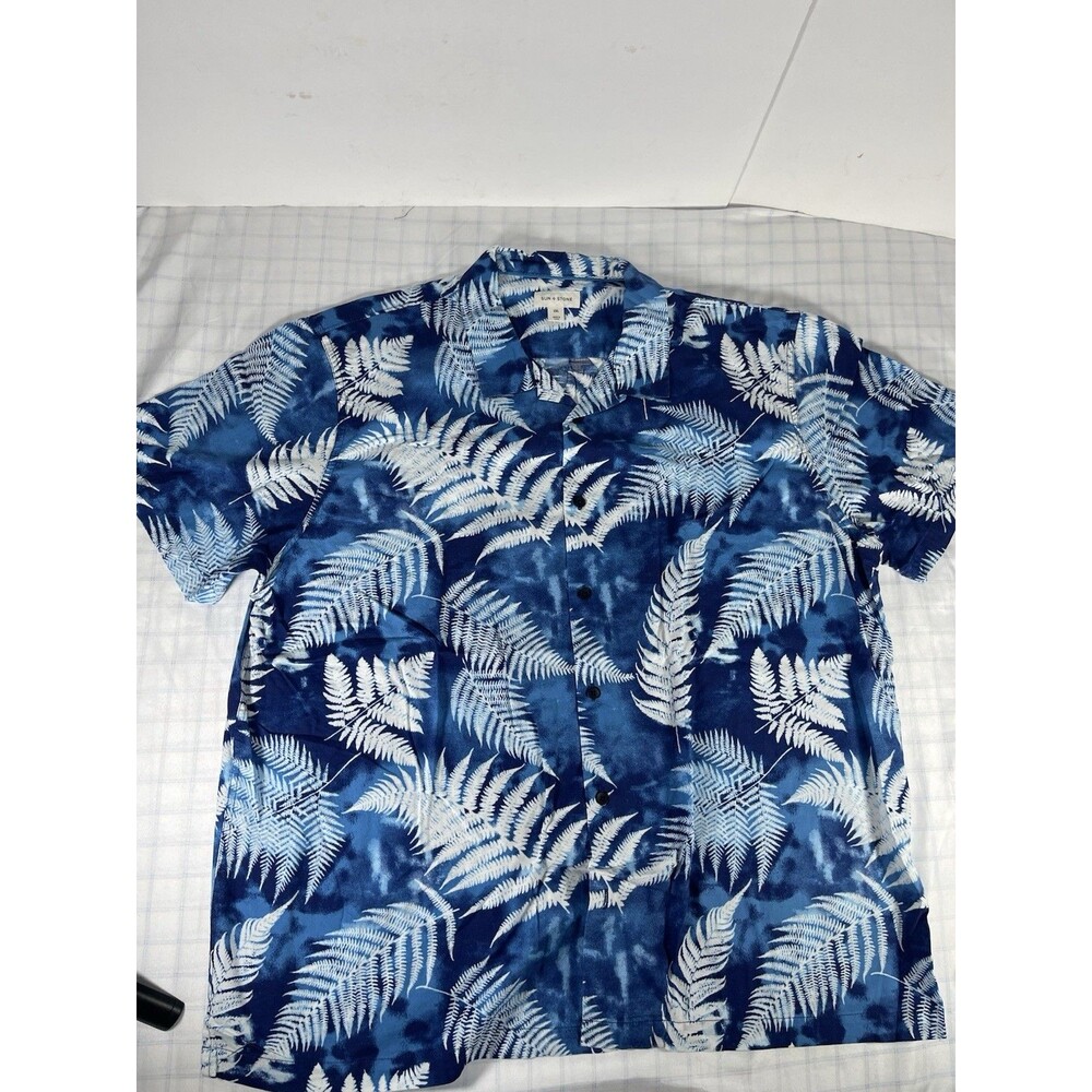SUN + STONE Men's XXL Short Sleeve Button Up Shirt Blue White Fern Floral Cotton